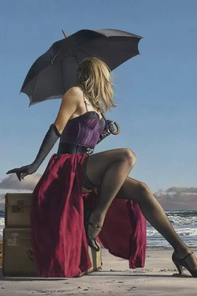 Framed Canvas Art (White Floating Frame) - on Crescent Beach by Paul Kelley ( Decorative Elements > Umbrellas art)