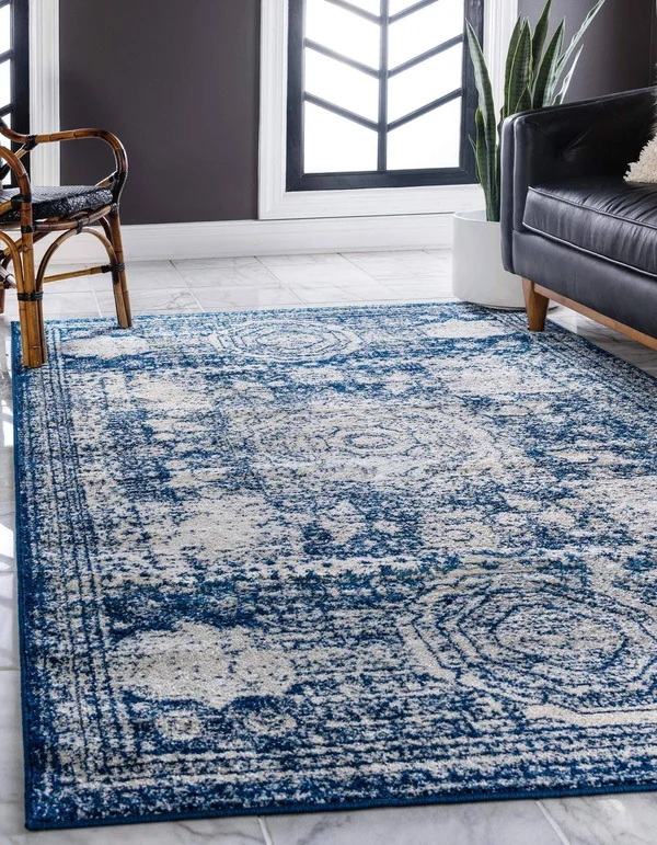Rugs.com Dover Collection Rug 9& x 12& Navy Blue Low-Pile Rug Perfect for Livi
