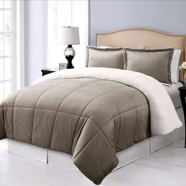 Blue Ridge Home Fashions Microplush Reversible to Micromink Down Alternative 3-Piece Comforter Set Khaki Queen - Brown
