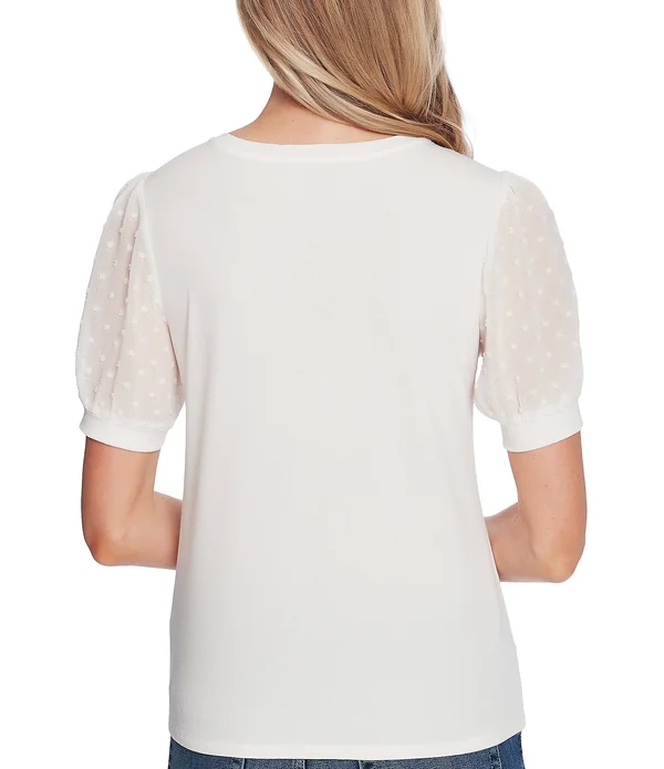 Women's Cece Puff Sleeve Mixed Media Top - Medium, Soft Ecru