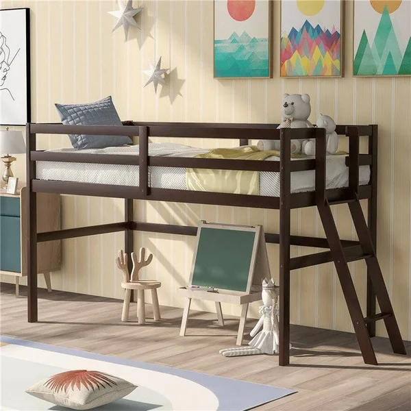 Wooden Twin Size Low Loft Bed with Ladder - Espresso