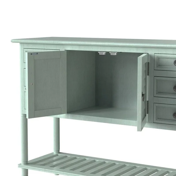 Solid Wood Console Table with 6 Drawers 1 Cabinets, 1 Shelf, Light Green - MDF