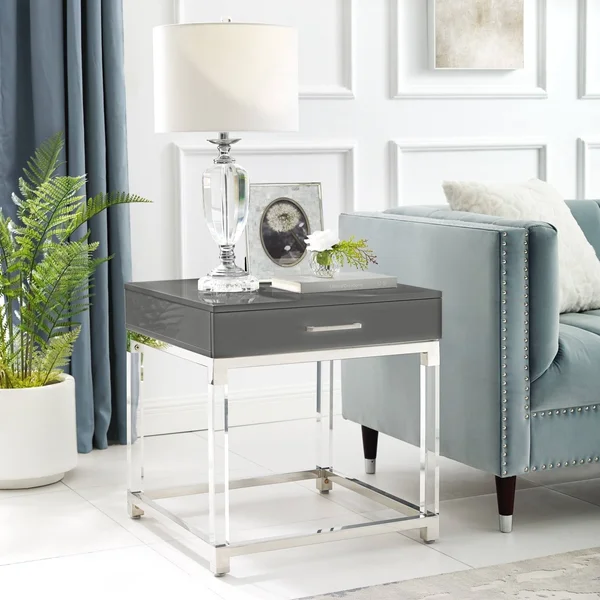Alvaro High Gloss End Table with Acrylic Legs and Metal Base - Black-Gold