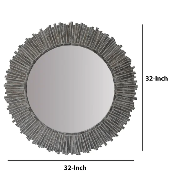 The Urban Port 32 inch Round Beveled Floating Wall Mirror with Sunflower Wooden Frame - Gray