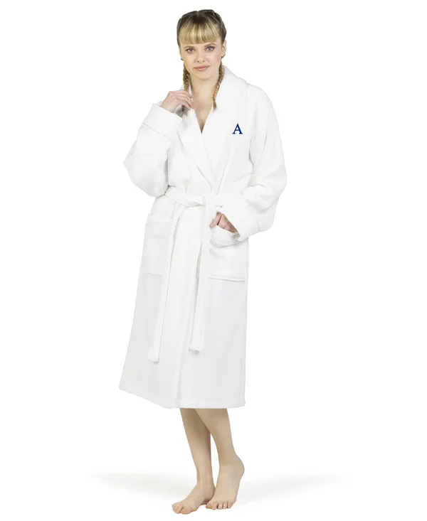 Linum Home Textiles Hotel Turkish Cotton Waffle Terry Bathrobe with Satin Piped Trim - Personalized - White Navy, Size: Small/Me
