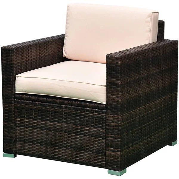 Outsunny 4-Piece Cushioned Patio Furniture Set, with 2 Chairs, Sectional, and Glass Coffee Table, Rattan Wicker, Brown