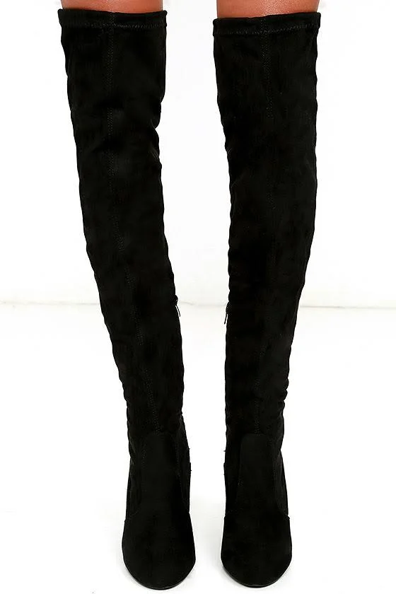 Lulus - So Much Yes Black Suede Over The Knee High Heel Boots, Size 6, Vegan Friendly