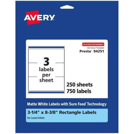 Avery Matte White Rectangle Labels, 3-1/4 inch x 8-3/8 inch, 750 Labels, Size: 3-1/4 x 8-3/8