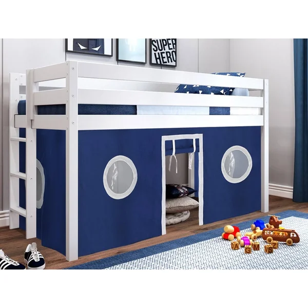 Jackpot! Contemporary Low Loft Bed with End Ladder, Twin, White with Blue & White Tent