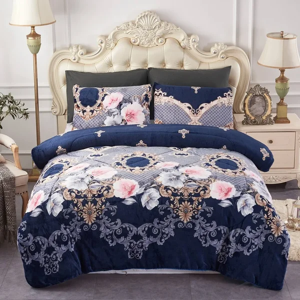 3-Piece Floral Printed Pattern Sherpa-Backing Reversible Comforter Set (Red Stone - King)