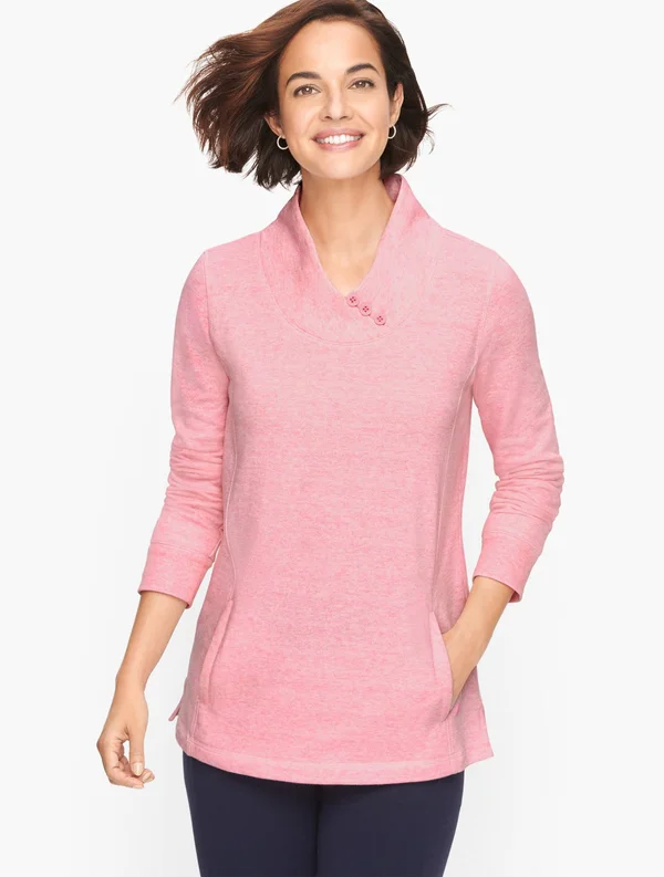 Petite - Heathered Fleece Mockneck Pullover Sweater - Pink Heather - Xxs Talbots