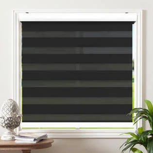 Biltek Cordless Zebra Roller Blinds Sheer Shades - Free-Stop Combi Blinds, Dual Layer, Sheer or Privacy - Black, 43x22W x 72x22H