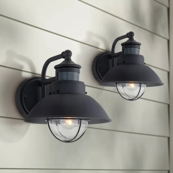 John Timberland Oberlin Mission Farmhouse Outdoor Barn Light Fixtures Set of 2 Black 9x22 Clear Seedy Glass Dusk to Dawn Motion