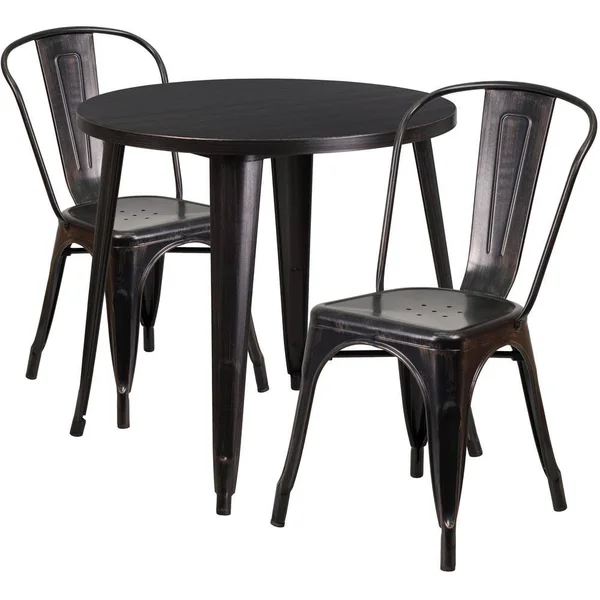 3-Piece Metal Round Outdoor Bistro Set in Black-Antique Gold