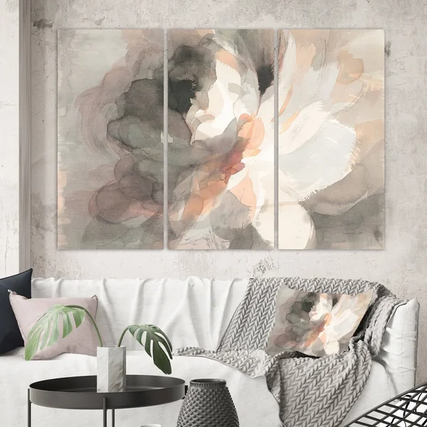 Designart 60x22 x 40x22 Abstract Pink Peony Fabric Canvas Wall Art in Gray