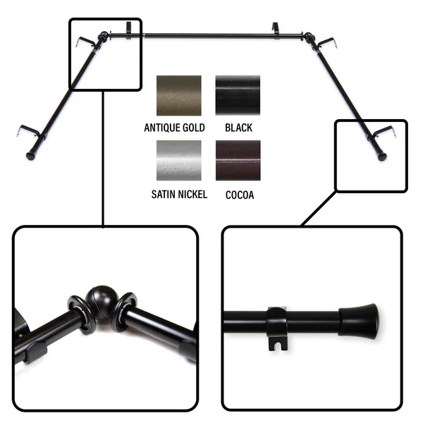 InStyleDesign 5/8 inch Bay Curtain Rod 20 inch-36 inch, 38 inch-72 inch, Black