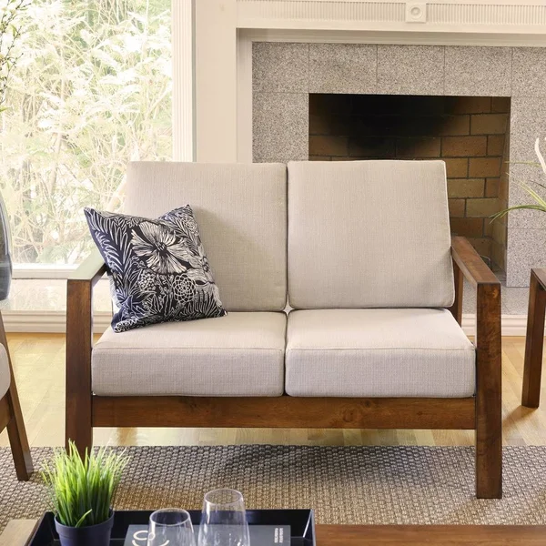Carson Carrington Horuphav Mid-Century Tan Linen and Wood Loveseat