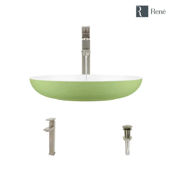 Rene R11-5001-SGE-R9-7003 Stone Composite Oval Vessel Sink with Faucet - Sage, Brushed Nickel
