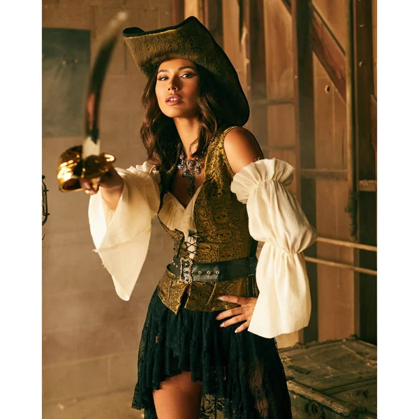 6pc Pirate Queen Costume Medium, Gold/Black/Beige
