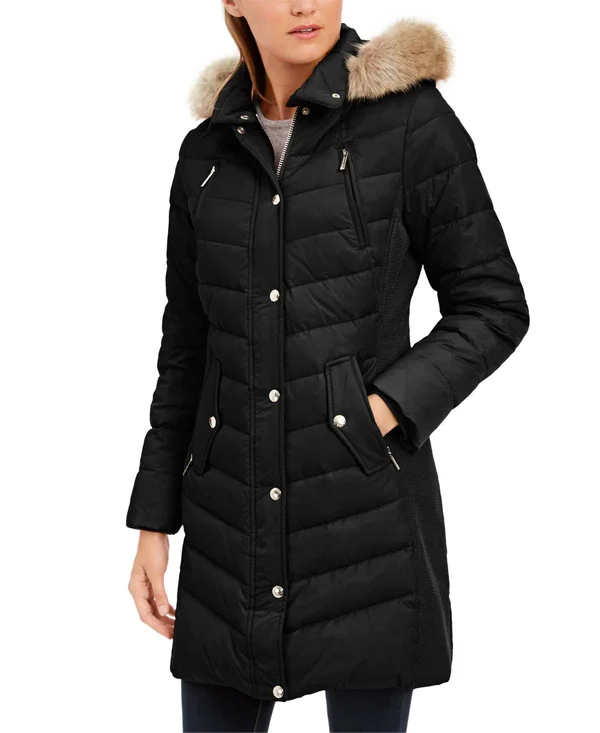 Michael Kors Faux Fur Trim Hooded Chevron Down Puffer Coat