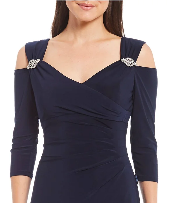 R & M Richards Cold-Shoulder Gown Navy Size 16