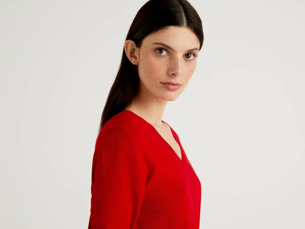 Benetton - Sweater with V-Neck in Pure Virgin Wool, Size S, Red, Women