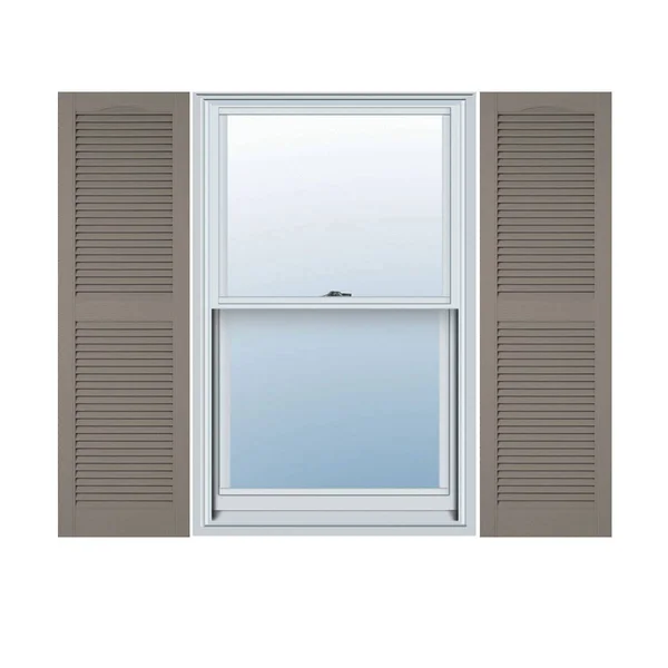 18 inchw x 68 inchh Lifetime Vinyl, Custom Straight Top Center Mullion, Open Louver Shutters, Clay