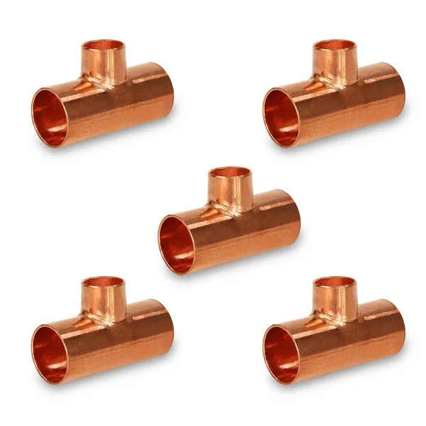 The Plumber&s Choice 1-1/2 in. x 3/4 in. x 1/2 in. Copper Reducing Tee Fitting with Solder Cups (5-Pack) - Brown
