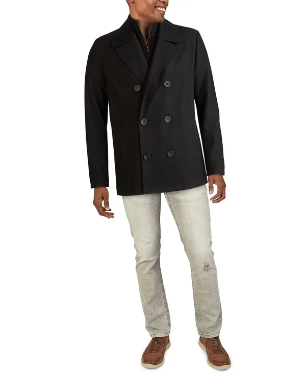 Kenneth Cole Men's Big & Tall Double-Breasted Wool-Blend Peacoat - Black