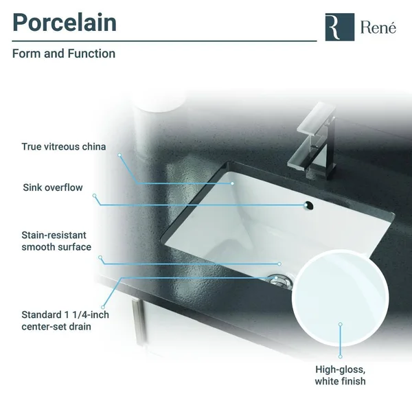 Rene R2-1007-W-PUD-BN Porcelain Undermount Bathroom Sink and Pop-Up Drain