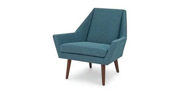 Blue Tweed Fabric Armchair, Solid Wood Legs, Article Angle Modern Furniture