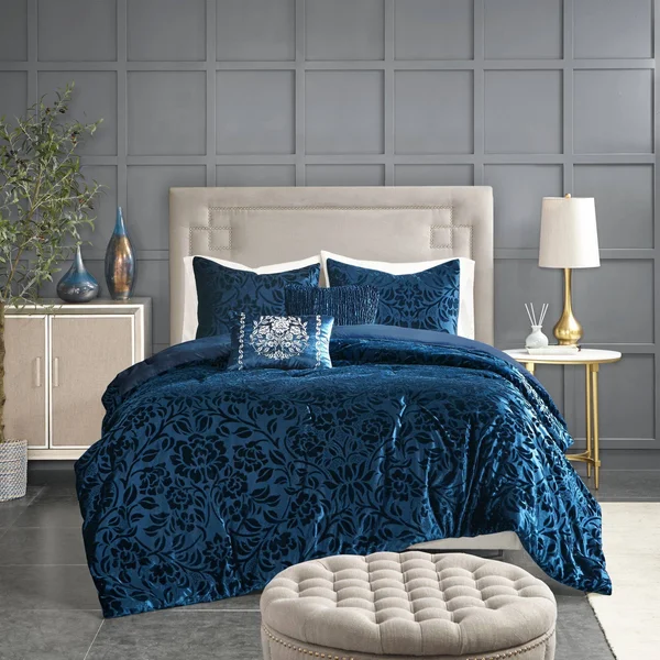 Home Essence Edith 5 Piece Faux Velvet Comforter Set - Size: King, Blue