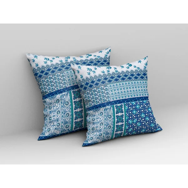 Flower Castle Patchwork Suede Closed Pillow w/ Insert in Blue & White 18x22x18x22