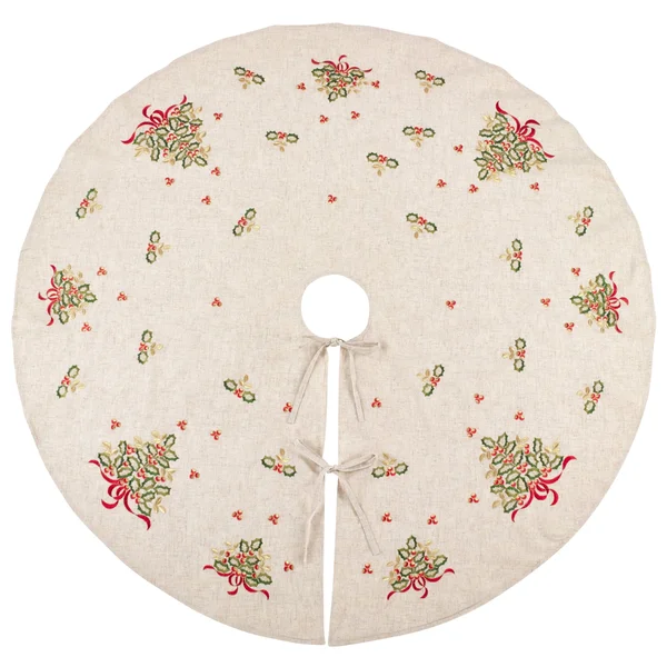 Saro Lifestyle XM641.N56R Embroidered Holly Design Decorative Linen Blend Christmas Tree Skirt, Natural