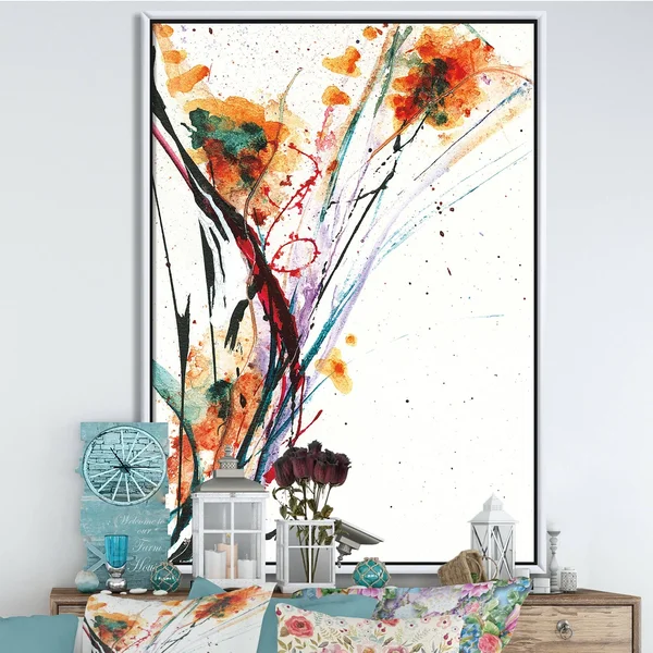 Designart 'Abstract Orange Flowers ' Traditional Framed Canvas - Multi-Color - 30 in. Wide x 40 in. High - White