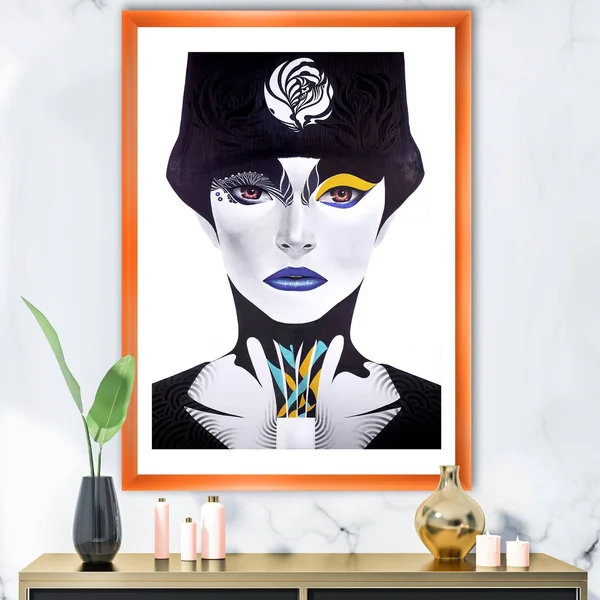 Designart &Urban Woman with Blue Lips& Modern & Contemporary Framed Art Print - 30 in. Wide x 40 in. High - Orange