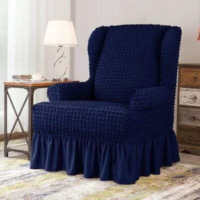 Ruffle Skirt Country Style T-Cushion Wingback Slipcover Canora Grey Fabric: Navy