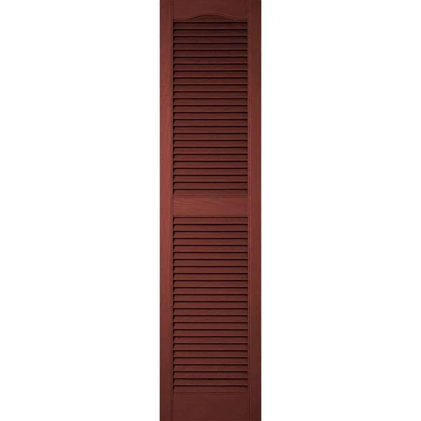 18 inchw x 73 inchh Lifetime Vinyl - Custom Cathedral Top Center Mullion, Open Louver Shutters, w/Shutter-Loks (Per Pair), Burgun