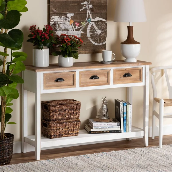 Baxton Studio Benedict Traditional Farmhouse and Rustic Two-Tone White and Oak Brown Finished Wood 3-Drawer Console Table