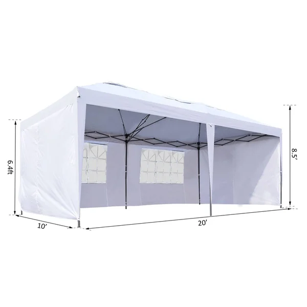 Outsunny 10& x 20& Party Wedding Outdoor Patio Tent Canopy Heavy Duty Gazebo Pavilion with 4 Removable Sidewalls - White