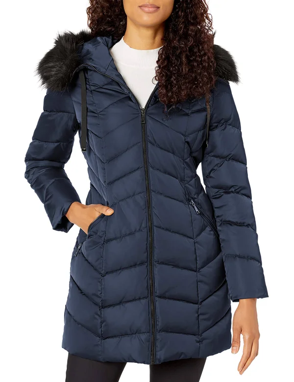 Tahari Gwen Womens Faux Fur Trim Midi Down Coat, Galaxy