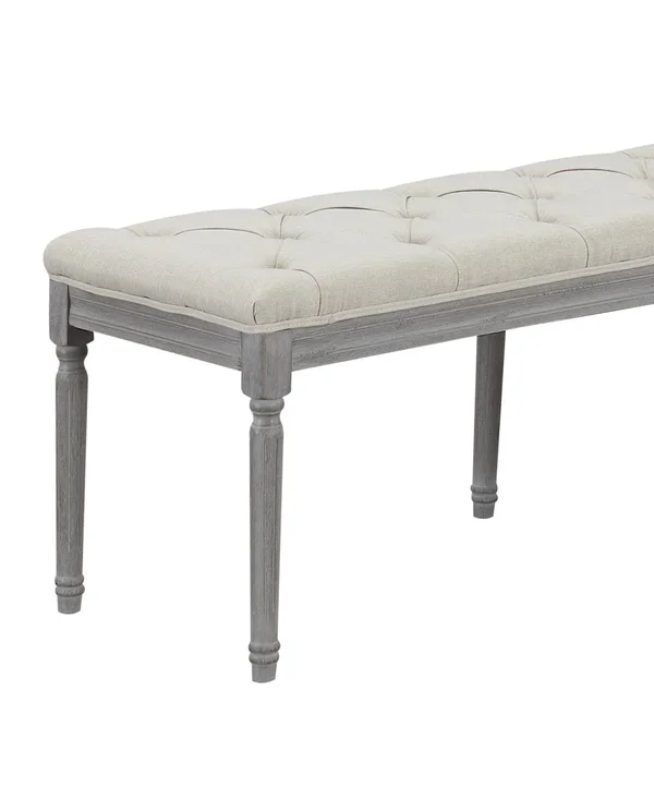 AC Pacific Jack Button Tufted Light Beige Upholstered Bench with Weathered Gray Legs