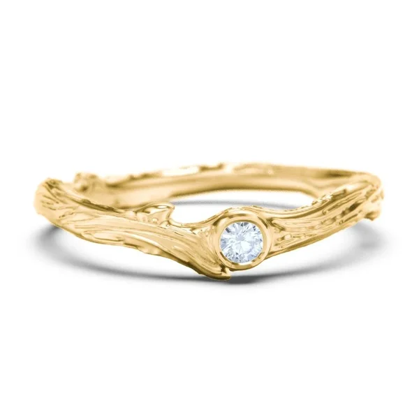 14K Yellow Gold Organic Twig Textured Band with Birthstone and Smokey Quartz Stone