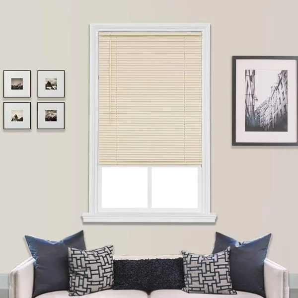 Project Source 1-in Slat Width 61.5-in x 64-in Cordless Ivory Vinyl Room Darkening Mini Blinds in Off-White - CCDDX6664-61.5