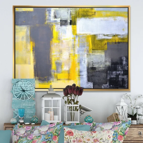 Designart Grey and Yellow Blur Abstract- Abstract Framed Canvas Art Print in Gold, FL6269-46-36-GD