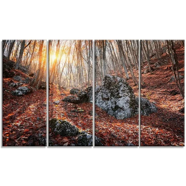 'Rocky Red Autumn Forest' 4 Piece Photographic Print on Wrapped Canvas Set Design Art