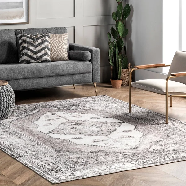 nuLOOM Gladys Machine Washable Vintage Medallion Area Rug - 8& Round - Light Grey
