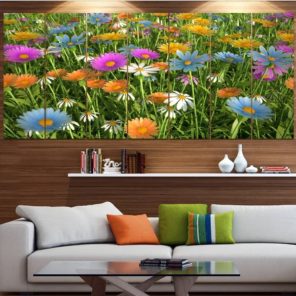 Design Art &Different Color Flowers in Field& Photographic Print Multi-Piece Image on Canvas, Size: 83 in. Wide x 32 in. High