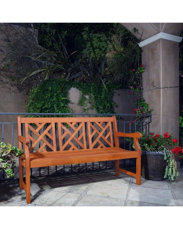 57x22 Brown Natural Wood Finish Mosaic Back Outdoor Furniture Patio Bench - 33667198