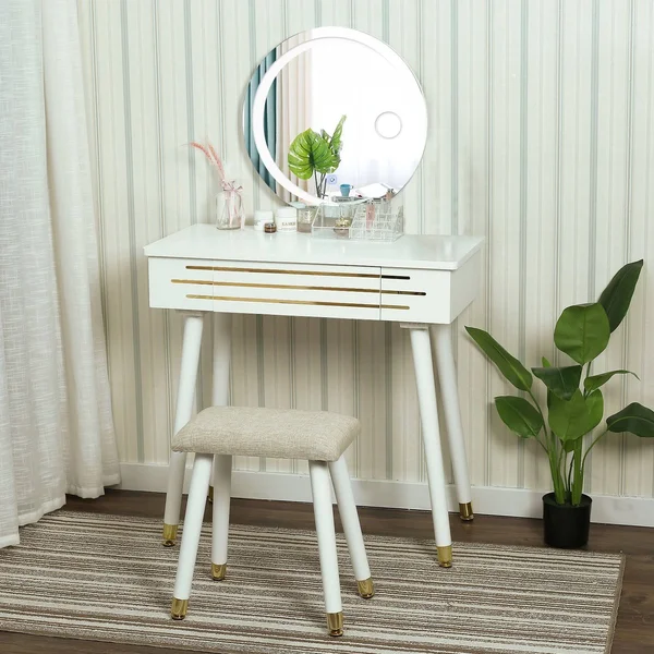 ARTETHYS Vanity Makeup Table Set with 3 Modes Touch Screen Adjustable Lighted Mirror - Cushioned Stool, Big Sliding Drawers Free